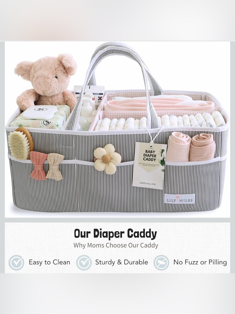 Lily Miles Grey/Blush Large Diaper Caddy NWT